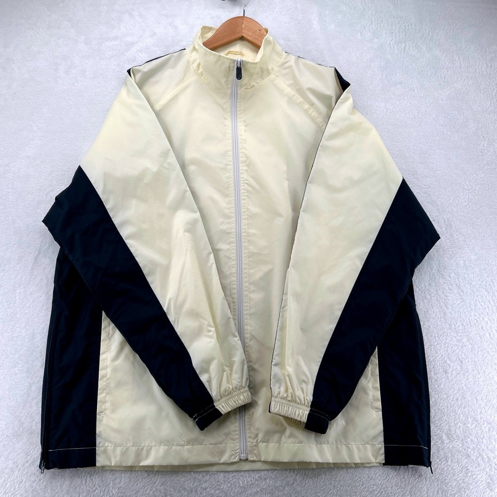Tek Gear Mens Windbreaker Jacket Size M Cream Navy Blue Colorblock Full Zip Y2K